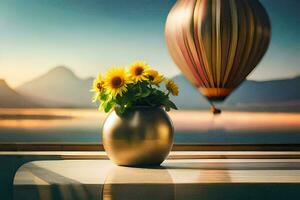 tournesols dans une vase sur une table avec une chaud air ballon. généré par ai photo