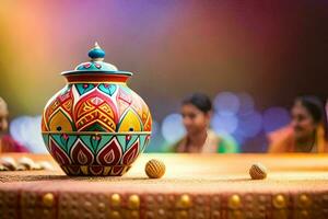 une coloré pot séance sur une table avec gens dans le Contexte. généré par ai photo