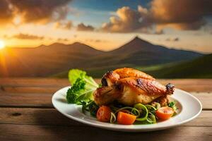 poulet sur une assiette avec des légumes et une le coucher du soleil dans le Contexte. généré par ai photo