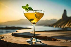 cocktail sur une en bois table avec le coucher du soleil dans le Contexte. généré par ai photo