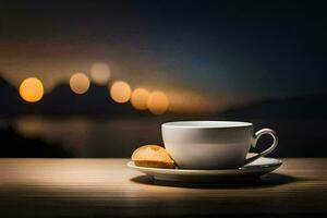 une tasse de café sur une table avec une vue de le ville. généré par ai photo