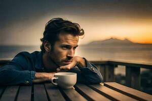 une homme séance à une table avec une tasse de café. généré par ai photo