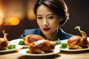 une femme est séance à une table avec poulet sur il. généré par ai photo
