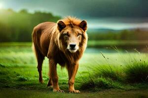 une Lion est permanent dans le herbe près une lac. généré par ai photo