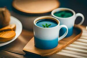 deux tasses de café avec bleu Lait et biscuits. généré par ai photo