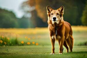 une marron chien permanent dans le herbe. généré par ai photo