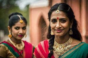 deux femmes dans traditionnel Indien tenue. généré par ai photo