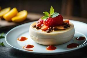 une dessert avec des fraises et Chocolat sur une blanc plaque. généré par ai photo