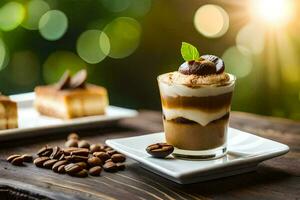 café et dessert sur une en bois tableau. généré par ai photo