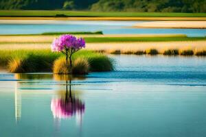 une Célibataire rose fleur est permanent dans le milieu de une lac. généré par ai photo