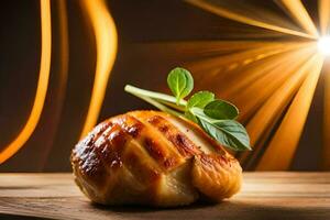 grillé poulet sur une en bois table avec lumière. généré par ai photo