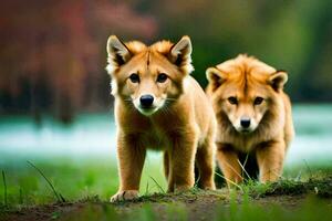 deux marron chiens en marchant dans le herbe. généré par ai photo