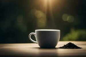 café tasse et café terrains sur une en bois tableau. généré par ai photo