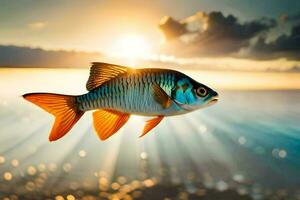 poisson dans le mer à le coucher du soleil. généré par ai photo