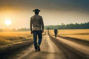 une homme en marchant vers le bas une saleté route avec une chapeau sur. généré par ai photo