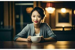 une femme séance à une table avec une tasse de café. généré par ai photo