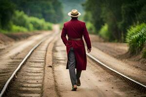 une homme dans une rouge manteau et chapeau en marchant sur une train piste. généré par ai photo