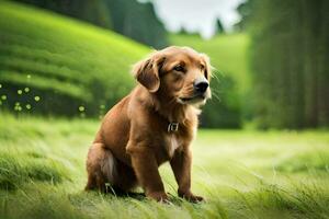 une marron chien séance dans le herbe. généré par ai photo