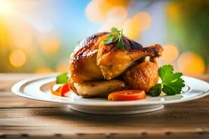 une poulet sur une assiette avec des légumes et tomates. généré par ai photo