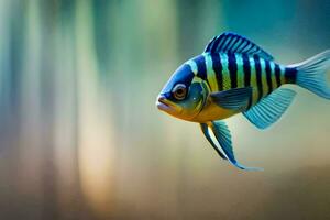 une poisson avec bleu et noir rayures est en volant. généré par ai photo