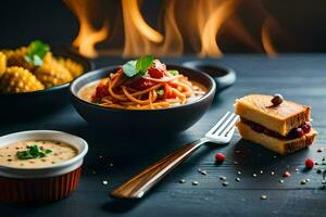 spaghetti, pain et sauce sur une table avec Feu. généré par ai photo