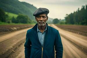 une homme portant une béret des stands dans une saleté route. généré par ai photo