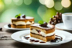 une tranche de gâteau et une tasse de café sur une en bois tableau. généré par ai photo