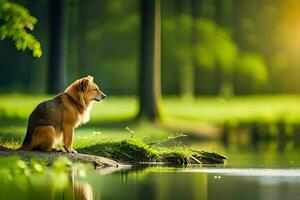 photo fond d'écran le forêt, eau, herbe, chien, lac, coucher de soleil, le forêt, le. généré par ai