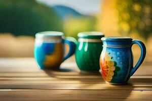 Trois coloré des tasses sur une en bois tableau. généré par ai photo