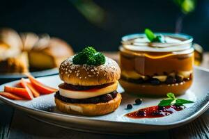 une assiette avec deux des sandwichs et une dessert. généré par ai photo