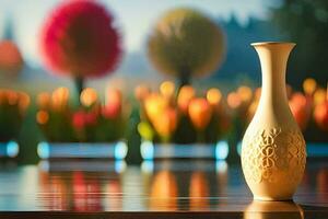 une vase est séance sur une table dans de face de une flou Contexte. généré par ai photo