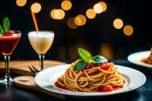 spaghetti et tomate sauce sur une assiette avec une verre de du vin. généré par ai photo