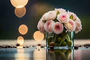 rose des roses dans une vase avec bokeh lumières. généré par ai photo