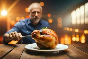 une homme est en mangeant une rôti poulet sur une plaque. généré par ai photo