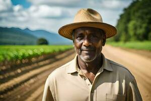 une homme dans une chapeau permanent dans une champ. généré par ai photo