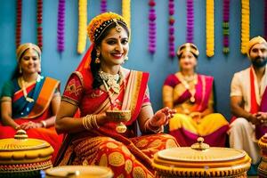 une femme dans traditionnel Indien tenue est assis sur une tambouriner. généré par ai photo