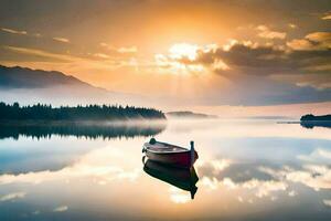 une bateau est assis sur le calme l'eau à le coucher du soleil. généré par ai photo