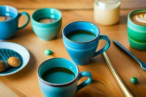 une table avec bleu tasses et soucoupes. généré par ai photo