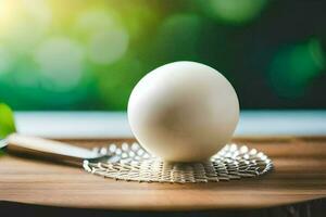 un Oeuf sur une en bois table avec une couteau. généré par ai photo