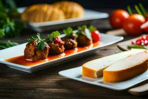 une assiette de Boulettes de viande, pain et fromage sur une en bois tableau. généré par ai photo