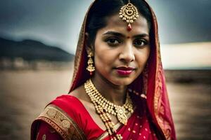 une magnifique Indien femme dans une rouge sari. généré par ai photo