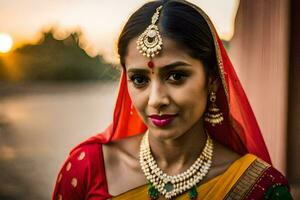 une magnifique Indien femme portant bijoux et une rouge sari. généré par ai photo