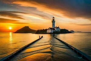 une phare dans le milieu de le océan à le coucher du soleil. généré par ai photo