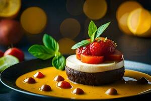 une dessert avec des fraises et Chocolat sur une noir plaque. généré par ai photo