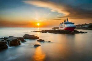 une croisière navire dans le océan à le coucher du soleil. généré par ai photo