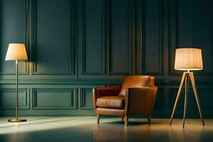 une cuir chaise et lampe dans une foncé chambre. généré par ai photo