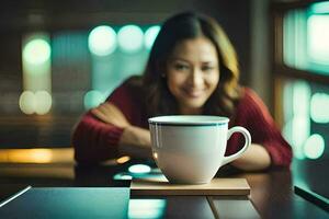 une femme souriant tandis que séance à une table avec une café Coupe. généré par ai photo