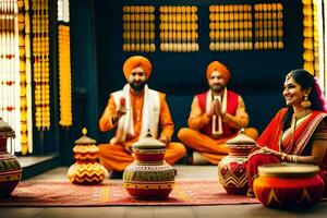 une couple dans traditionnel Indien tenue asseoir sur le sol avec leur mains sur leur têtes. généré par ai photo