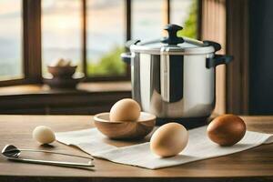 des œufs sur une table suivant à une pot et une bol. généré par ai photo