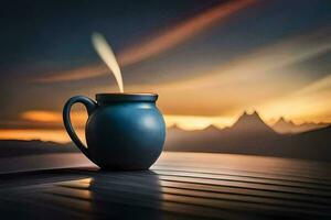 une tasse de café sur une table avec montagnes dans le Contexte. généré par ai photo